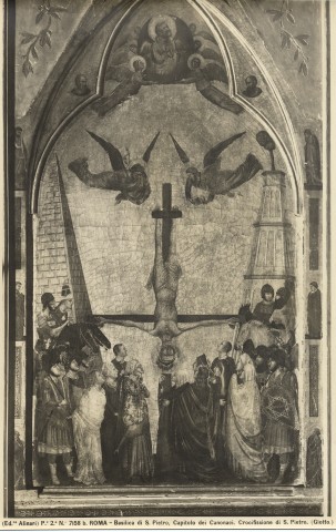 Alinari, Fratelli — Roma - Basilica di S. Pietro, Capitolo dei Canonici. Crocifissione di S. Pietro. (Giotto) — particolare, faccia anteriore, scomparto di sinistra